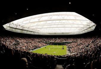 LONDON, ENGLAND - MAY 17:  A general view of the closed centre court roof during the Mixed Doubles match of Andre Agassi and Steffi Graf against Tim Henman and Kim Clijsters during the 'Centre Court Celebration' at Wimbledon on May 17, 2009 in London, England.  (Photo by AELTC/Pool/Getty Images)