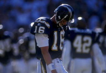 18 Oct 1998:  Quarterback Ryan Leaf #16 of the San Diego Chargers looks dejected during a game against the Philadelphia Eagles at the Qualcomm Stadium in San Diego, California. The Chargers defeated the Eagles 13-10.
