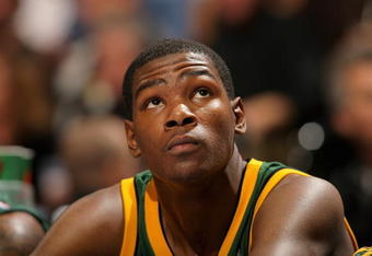 DENVER - OCTOBER 31:  Kevin Durant #35 of the Seattle SuperSonics looks up from the bench during the game against the Denver Nuggets at the Pepsi Center on October 31, 2007 in Denver, Colorado. The Nuggets won 120-103. NOTE TO USER: User expressly acknowledges and agrees that, by downloading and or using this photograph, user is consenting to the term and conditions of the Getty Images License Agreement.  (Photo by Doug Pensinger/Getty Images)