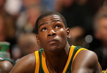 DENVER - OCTOBER 31:  Kevin Durant #35 of the Seattle SuperSonics looks up from the bench during the game against the Denver Nuggets at the Pepsi Center on October 31, 2007 in Denver, Colorado. The Nuggets won 120-103. NOTE TO USER: User expressly acknowledges and agrees that, by downloading and or using this photograph, user is consenting to the term and conditions of the Getty Images License Agreement.  (Photo by Doug Pensinger/Getty Images)