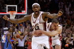 CLEVELAND - MAY 22:  LeBron James #23 and Sasha Pavlovic #3 of the Cleveland Cavaliers celebrate after James made the game winning three pointer against the Orlando Magic in Game Two of the Eastern Conference Finals during the 2009 Playoffs at Quicken Loans Arena on May 22, 2009 in Cleveland, Ohio. NOTE TO USER: User expressly acknowledges and agrees that, by downloading and or using this photograph, User is consenting to the terms and conditions of the Getty Images License Agreement  (Photo by Gregory Shamus/Getty Images)