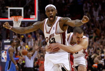 CLEVELAND - MAY 22:  LeBron James #23 and Sasha Pavlovic #3 of the Cleveland Cavaliers celebrate after James made the game winning three pointer against the Orlando Magic in Game Two of the Eastern Conference Finals during the 2009 Playoffs at Quicken Loans Arena on May 22, 2009 in Cleveland, Ohio. NOTE TO USER: User expressly acknowledges and agrees that, by downloading and or using this photograph, User is consenting to the terms and conditions of the Getty Images License Agreement  (Photo by Gregory Shamus/Getty Images)