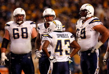 PITTSBURGH - JANUARY 11:  Darren Sproles #43 of the San Diego Chargers stands in the offensive huddle with Kris Dielman #68 Nick Hardwick #61 and Mike Goff #79 against the Pittsburgh Steelers during their AFC Divisional Playoff Game on January 11, 2009 at Heinz Field in Pittsburgh, Pennsylvania. Steelers won 35-24.  (Photo by Chris Graythen/Getty Images)