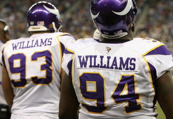 DETROIT - DECEMBER 07:  (L-R) Kevin Williams #93 and Pat Williams #94 of the Minnesota Vikings watch from the sidelines during the NFL game against the Detroit Lions at Ford Field on December 7, 2008 in Detroit, Michigan.  The Vikings defeated the Lions 20-16. (Photo by Christian Petersen/Getty Images)