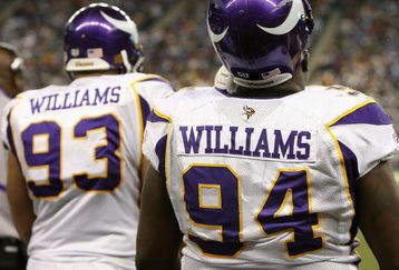 DETROIT - DECEMBER 07:  (L-R) Kevin Williams #93 and Pat Williams #94 of the Minnesota Vikings watch from the sidelines during the NFL game against the Detroit Lions at Ford Field on December 7, 2008 in Detroit, Michigan.  The Vikings defeated the Lions 20-16. (Photo by Christian Petersen/Getty Images)