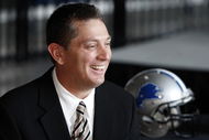 DETROIT , MI - JANUARY 16:  Jim Schwartz head coach of the Detroit Lions talks with the media after press conference to introduce him as the Lions new head coach on January 16, 2009 at Ford Field in Detroit, Michigan.  (Photo by Gregory Shamus/Getty Images)