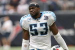 HOUSTON - DECEMBER 14:  Linebacker Keith Bullock #53 of the Tennessee Titans reacts to defeat in the closing seconds of the game with the Houston Texans on December 14, 2008 at Reliant Stadium in Houston, Texas.  The Texans won 13-12.  (Photo by Stephen Dunn/Getty Images)
