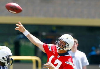 SAN DIEGO - MAY 03: Quarterback Philip Rivers #17 of the San Diego Chargers throws a pass in practice drills during Chargers minicamp at the team's training facility on May 3, 2009 in San Diego, California. (Photo by Kevin Terrell/Getty Images)