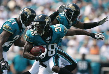 JACKSONVILLE, FL - SEPTEMBER 14:  Punt returner Brian Witherspoon #38 of the Jacksonville Jaguars looks for room to run while taking on the Buffalo Bills at Jacksonville Municipal Stadium on September 14, 2008 in Jacksonville, Florida.  (Photo by Doug Benc/Getty Images)