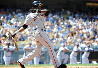 LOS ANGELES, CA - MAY 09:  Fred Lewis #14 of the San Francisco Giants at bat against the Los Angeles Dodgers at Dodger Stadium on May 9, 2009 in Los Angeles, California.  (Photo by Harry How/Getty Images)