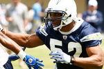 SAN DIEGO - MAY 03: Linebacker Larry English #52 of the San Diego Chargers runs upfield in pursuit during minicamp practice at the team's training facility on May 3, 2009 in San Diego, California. (Photo by Kevin Terrell/Getty Images)