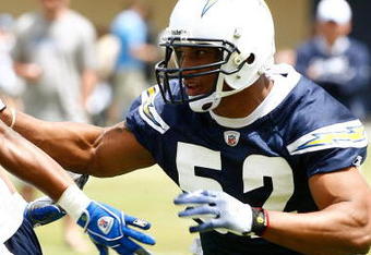 SAN DIEGO - MAY 03: Linebacker Larry English #52 of the San Diego Chargers runs upfield in pursuit during minicamp practice at the team's training facility on May 3, 2009 in San Diego, California. (Photo by Kevin Terrell/Getty Images)