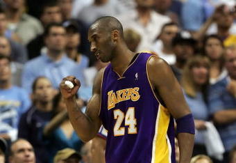 DENVER - MAY 23:  Kobe Bryant #24 of the Los Angeles Lakers reacts in the fourth quarter against the Denver Nuggets in Game Three of the Western Conference Finals during the 2009 NBA Playoffs at Staples Center on May 23, 2009 in Denver, Colorado. NOTE TO USER: User expressly acknowledges and agrees that, by downloading and or using this photograph, User is consenting to the terms and conditions of the Getty Images License Agreement.  (Photo by Jed Jacobsohn/Getty Images)