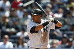 NEW YORK - MAY 02:  Melky Cabrera #53 of the New York Yankees at bat against the Los Angeles Angels of Anaheim at Yankee Stadium on May 2, 2009 in the Bronx borough of New York City.  (Photo by Nick Laham/Getty Images)