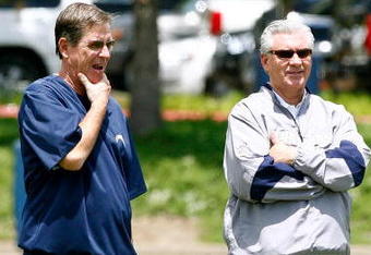 SAN DIEGO - MAY 03: Head coach Norv Turner and general manager A.J. Smith of the San Diego Chargers watch practice during minicamp at the Chargers training facility on May 3, 2009 in San Diego, California. (Photo by Kevin Terrell/Getty Images)