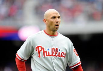 WASHINGTON - APRIL 13:  Raul Ibanez #29 of the Philadelphia Phillies walks to the dugout during the game against the Washington Nationals at Nationals Park on April 13, 2009 in Washington, DC.  (Photo by Greg Fiume/Getty Images)