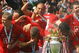 MANCHESTER, ENGLAND - MAY 16:  Manchester United celebrate winning the Barclays Premier League trophy after the Barclays Premier League match between Manchester United and Arsenal at Old Trafford on May 16, 2009 in Manchester, England.  (Photo by Alex Livesey/Getty Images)