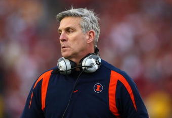 PASADENA, CA - JANUARY 01:  Head coach Ron Zook of the Illinois Fighting Illini looks on during the 'Rose Bowl presented by Citi' against the USC Trojans at the Rose Bowl on January 1, 2008 in Pasadena, California.  (Photo by Donald Miralle/Getty Images)