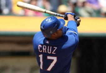 OAKLAND, CA - MAY 07:  Nelson Cruz #17 of the Texas Rangers bats against the Oakland Athletics during a Major League Baseball game on May 7, 2009 at the Oakland Coliseum in Oakland, California.  (Photo by Jed Jacobsohn/Getty Images)