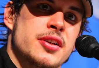 RALEIGH, NC - MAY 23:  Sidney Crosby #87 of the Pittsburgh Penguins talks to the media after their 6-2 win over the Carolina Hurricanes in Game Three of the Eastern Conference Championship Round of the 2009 Stanley Cup Playoffs at RBC Center on May 23, 2009 in Raleigh, North Carolina.  (Photo by Jim McIsaac/Getty Images)