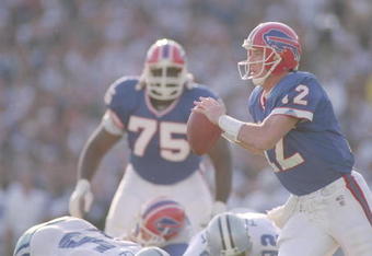 31 Jan 1993:  Quarterback Jim Kelly #12 of the Buffalo Bils passes the ball during the Super Bowl XXVII game against the Dallas Cowboys at the Rose Bowl in Pasadena, California. The Cowboys defeated the Bills 52-17. Mandatory Credit: Mike Powell  /Allspor