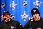 RALEIGH, NC - MAY 23:  Sidney Crosby #87 and Evgeni Malkin #71 of the Pittsburgh Penguins talk to the media after their 6-2 win over the Carolina Hurricanes in Game Three of the Eastern Conference Championship Round of the 2009 Stanley Cup Playoffs at RBC Center on May 23, 2009 in Raleigh, North Carolina.  (Photo by Jim McIsaac/Getty Images)