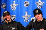 RALEIGH, NC - MAY 23:  Sidney Crosby #87 and Evgeni Malkin #71 of the Pittsburgh Penguins talk to the media after their 6-2 win over the Carolina Hurricanes in Game Three of the Eastern Conference Championship Round of the 2009 Stanley Cup Playoffs at RBC Center on May 23, 2009 in Raleigh, North Carolina.  (Photo by Jim McIsaac/Getty Images)