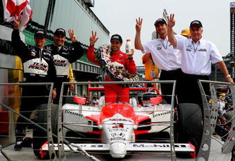 INDIANAPOLIS - MAY 24:  (R-L) Team owner Roger Penske, president of Penske Racing, Tim Cimdric, Helio Castroneves, driver of the #3 Team Penske Dallara Honda, engineer Ron Ruzewski, crew chief Rick Rinaman, celebrate in victory lane after winning the IRL IndyCar Series 93rd running of the Indianapolis 500 on May 24, 2009 at the Indianapolis Motor Speedway in Indianapolis, Indiana.  (Photo by Darrell Ingham/Getty Images)