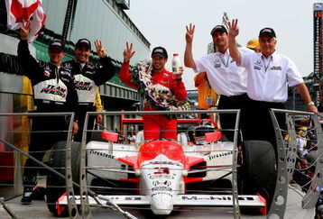 INDIANAPOLIS - MAY 24:  (R-L) Team owner Roger Penske, president of Penske Racing, Tim Cimdric, Helio Castroneves, driver of the #3 Team Penske Dallara Honda, engineer Ron Ruzewski, crew chief Rick Rinaman, celebrate in victory lane after winning the IRL IndyCar Series 93rd running of the Indianapolis 500 on May 24, 2009 at the Indianapolis Motor Speedway in Indianapolis, Indiana.  (Photo by Darrell Ingham/Getty Images)
