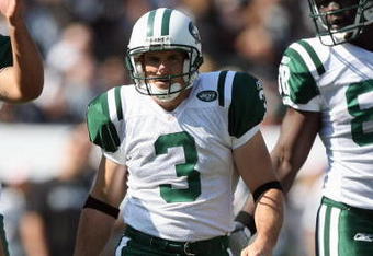OAKLAND, CA - OCTOBER 19:  Jay Feely #3 of the New York Jets looks on during the game against the Oakland Raiders on October 19, 2008 at the Oakland-Alameda County Coliseum in Oakland, California. (Photo by Jed Jacobsohn/Getty Images)