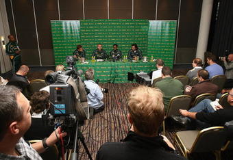 PERTH, AUSTRALIA - JULY 17: (L-R) Juan Smith,Andy Marinos, Peter de Villiers and Victor Matfield of the Springboks address media during the South Africa Springboks team announcement at Burswood Entertainment Complex on July 17, 2008 in Perth, Australia.  (Photo by Paul Kane/Getty Images)