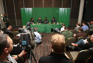 PERTH, AUSTRALIA - JULY 17: (L-R) Juan Smith,Andy Marinos, Peter de Villiers and Victor Matfield of the Springboks address media during the South Africa Springboks team announcement at Burswood Entertainment Complex on July 17, 2008 in Perth, Australia.  (Photo by Paul Kane/Getty Images)