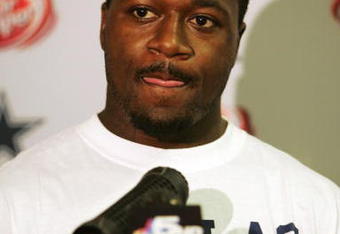 IRVING - AUGUST 28: Adam 'Pacman' Jones #21 of the Dallas Cowboys fields questions from the press after being reinstated to the NFL on August 28, 2008 at Texas Stadium in Irving, Texas.  (Photo by Brian Bahr/Getty Images)