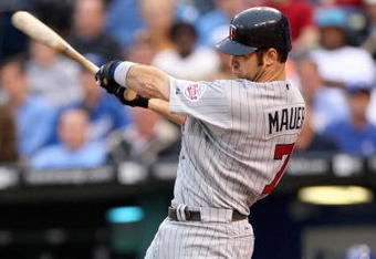 KANSAS CITY, MO - MAY 28:  Joe Mauer #7 of the Minnesota Twins swings at a pitch against the Kansas City Royals on May 28, 2008 at Kauffman Stadium in Kansas City, Missouri. (Photo by G. Newman Lowrance/Getty Images)