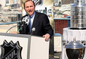 LAS VEGAS - APRIL 06:  NHL Commissioner Gary Bettman speaks during a news conference discussing the 2009 NHL Awards at the Ghostbar at the Palms Casino Resort April 6, 2009 in Las Vegas, Nevada. The 2009 NHL Awards will be held at the Palms on June 18, 2009.  (Photo by Jason Merritt/Getty Images)