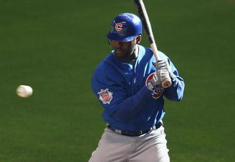 MILWAUKEE - APRIL 10: Milton Bradley #21 of the Chicago Cubs looks at a high pitch during the Opening Day game against the Milwaukee Brewers  on April 10, 2009 at Miller Park in Milwaukee, Wisconsin. (Photo by Jonathan Daniel/Getty Images)