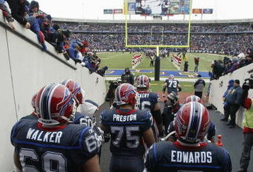 ORCHARD PARK, NY - DECEMBER 28:  Langston Walker #68, Duke Preston #75 and Trent Edwards #5 of the Buffalo Bills wait to walk on the field before the game against the New England Patriots on December 28, 2008 at Ralph Wilson Stadium in Orchard Park, New York. (Photo by Rick Stewart/Getty Images)