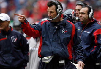 HOUSTON - DECEMBER 28:  Head coach Gary Kubiak of the Houston Texans reacts after a video review ruling in his favour against the Chicago Bears during the second half at the Reliant Stadium December 28, 2008 in Houston, Texas.  The Texans won 31-24. (Photo by Harry How/Getty Images)