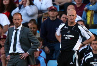BIRMINGHAM, ENGLAND - MAY 24:  Newcastle United manager Alan Shearer and his assistant manager Iain Dowie react after the Barclays Premier League match between Aston Villa and Newcastle United at Villa Park on May 24, 2009 in Birmingham, England. Newcastle United were relegated after their 0-1 defeat to Aston Villa.  (Photo by Michael Steele/Getty Images)