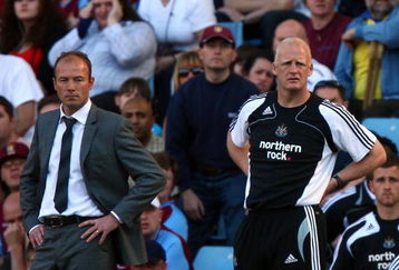 BIRMINGHAM, ENGLAND - MAY 24:  Newcastle United manager Alan Shearer and his assistant manager Iain Dowie react after the Barclays Premier League match between Aston Villa and Newcastle United at Villa Park on May 24, 2009 in Birmingham, England. Newcastle United were relegated after their 0-1 defeat to Aston Villa.  (Photo by Michael Steele/Getty Images)