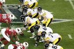 TAMPA, FL - FEBRUARY 01:  Quarterback Ben Roethlisberger #7 of the Pittsburgh Steelers stands at the line behind (top to bottom) Matt Spaeth #89, Willie Colon #74, Darnell Stapleton #72, Justin Hartwig #62, Chris Kemoeatu #68, Max Starks #78 and Heath Miller #83 against the Arizona Cardinals during Super Bowl XLIII on February 1, 2009 at Raymond James Stadium in Tampa, Florida. Steelers won 27-23. (Photo by Doug Benc/Getty Images)