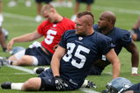 KIRKLAND, WA - JULY 25: Fullback Owen Schmitt #35 of the Seattle Seahawks stretches during training camp at the team's training facility on July 25, 2008 in Kirkland, Washington. (Photo by Otto Greule Jr/Getty Images)
