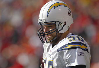 KANSAS CITY - DECEMBER 2:  David Binn #50 of the San Diego Chargers looks on during the NFL game against the Kansas City Cheifs at Arrowhead Stadium on December 2, 2007 in Kansas City, Missouri. (Photo by Jamie Squire/Getty Images)