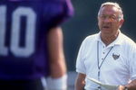 27 Jul 1998:  Head coach Ted Marchibroda of the Baltimore Ravens talks to quarterback Eric Zeier #10 during the Baltimore Ravens training camp at Western Maryland College in Westminster, Maryland. Mandatory Credit: Doug Pensinger  /Allsport