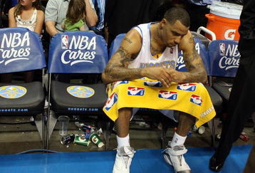 DENVER - MAY 23:  Kenyon Martin #4 of the Denver Nuggets sits on the bench after losing to the Los Angeles Lakers 103-97 in Game Three of the Western Conference Finals during the 2009 NBA Playoffs at Staples Center on May 23, 2009 in Denver, Colorado. NOTE TO USER: User expressly acknowledges and agrees that, by downloading and or using this photograph, User is consenting to the terms and conditions of the Getty Images License Agreement.  (Photo by Jed Jacobsohn/Getty Images)