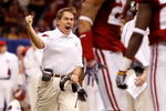 NEW ORLEANS - JANUARY 02:  Head coach Nick Saban of the Alabama Crimson Tide reacts in the fourth quarter while taking on the Utah Utes during the 75th Allstate Sugar Bowl at the Louisiana Superdome on January 2, 2009 in New Orleans, Louisiana.  (Photo by Chris Graythen/Getty Images)