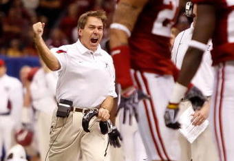 NEW ORLEANS - JANUARY 02:  Head coach Nick Saban of the Alabama Crimson Tide reacts in the fourth quarter while taking on the Utah Utes during the 75th Allstate Sugar Bowl at the Louisiana Superdome on January 2, 2009 in New Orleans, Louisiana.  (Photo by Chris Graythen/Getty Images)