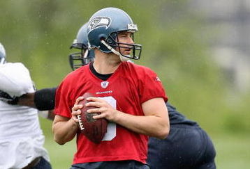 RENTON, WA - MAY 2:  Matt Hasselbeck #8 of the Seattle Seahawks drops back to pass during minicamp at the Seahawks training facility on May 2, 2009 in Renton, Washington. (Photo by Otto Greule Jr/Getty Images) 