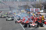 INDIANAPOLIS - MAY 24:  Helio Castroneves driver of the #3 Team Penske Dallara Honda leads the field in the pits during the IRL IndyCar Series 93rd running of the Indianapolis 500 at the Indianapolis Motor Speedway on May 24, 2009 in Indianapolis, Indiana.  (Photo by Robert Laberge/Getty Images)