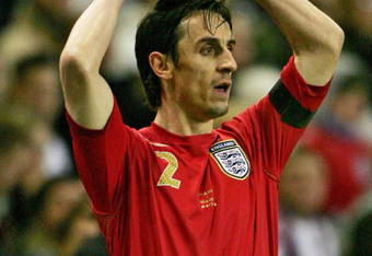 LIVERPOOL, UNITED KINGDOM - MARCH 01:  Gary Neville of England takes a throw in during the International friendly match between England and Uruguay at Anfield on March 1, 2006 in Liverpool, England.  (Photo by Alex Livesey/Getty Images)